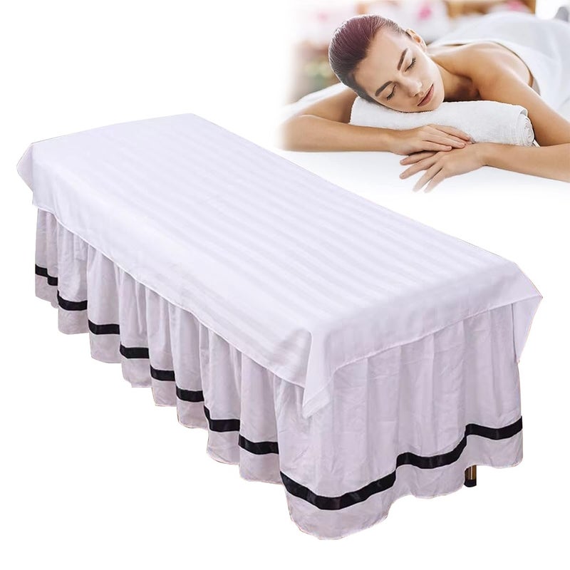 HASTHIP غطاء طاولة المساج HASTHIP®، شريحة قطن حرير، ورقة طاولة مساج قابلة للغسل، ملاءة طاولة بنمط مخطط، طاولة سبا، بيضاء، 30x74 بوصة - Image 1