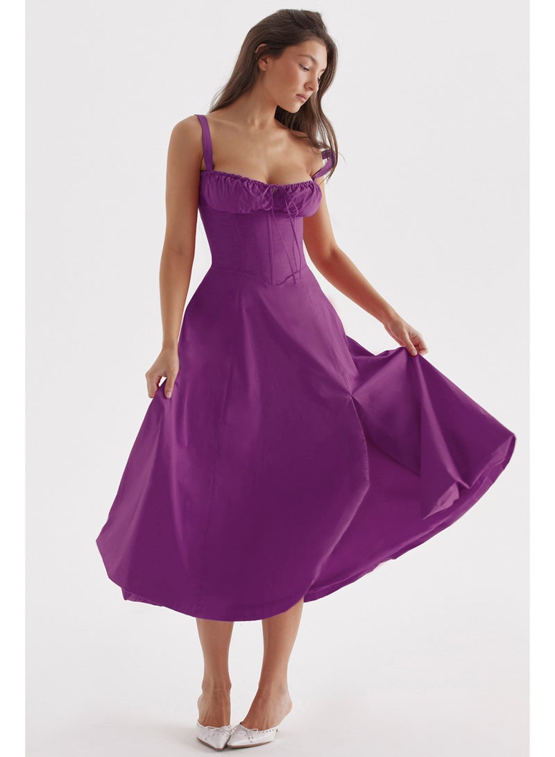 SCACTO Floral Print Bustier Top Lace Up Split Midi Dress 