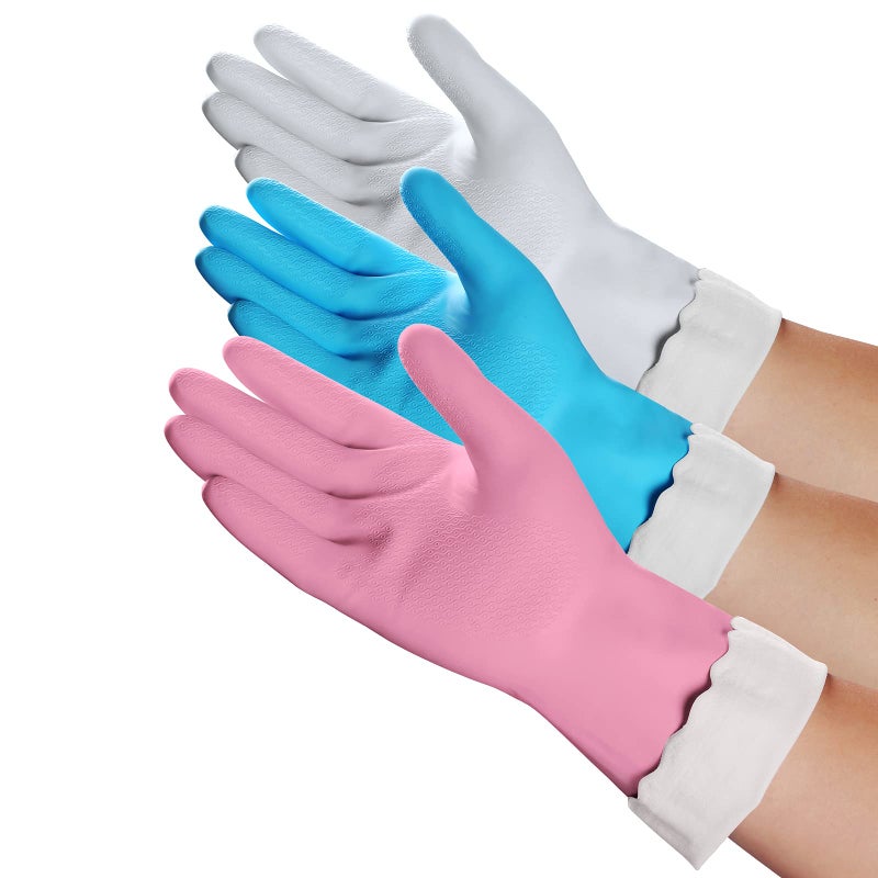 HSL Household Cleaning Gloves Reusable Kitchen Dishwashing Gloves with Latex Free Cotton lining Waterproof NonSlip Large 3 Pairs