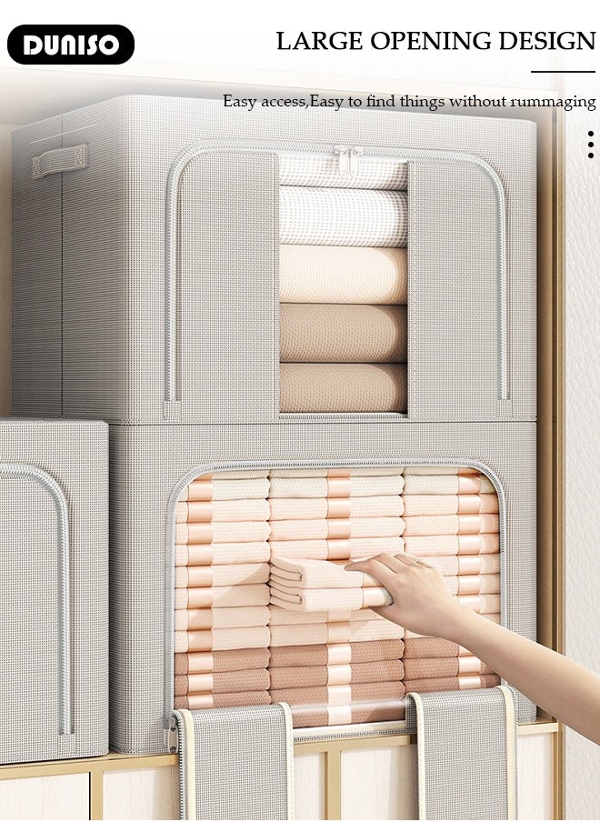 DUNISO - 2 Pack Closet Storage Box with Metal Frame, Stackable Flodable Closet Container Organizer with Lids Handle Double & Zippers, Large Capacity Wardrobe Clothes Storage Box with Clear Window for Blanket, Bedding, Clothes, Comforter - Image 1