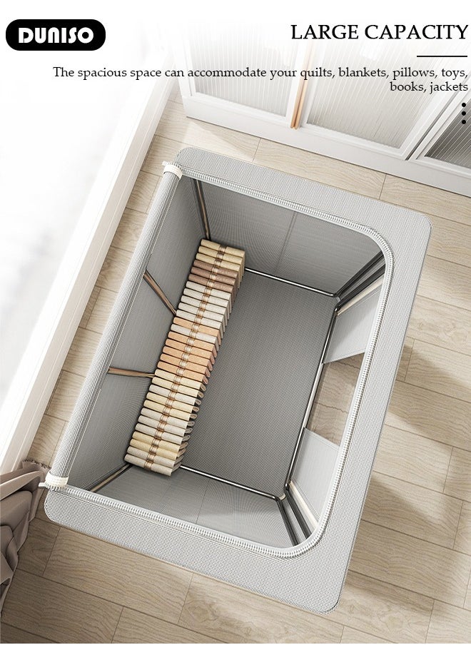 DUNISO - 2 Pack Closet Storage Box with Metal Frame, Stackable Flodable Closet Container Organizer with Lids Handle Double & Zippers, Large Capacity Wardrobe Clothes Storage Box with Clear Window for Blanket, Bedding, Clothes, Comforter - Image 1