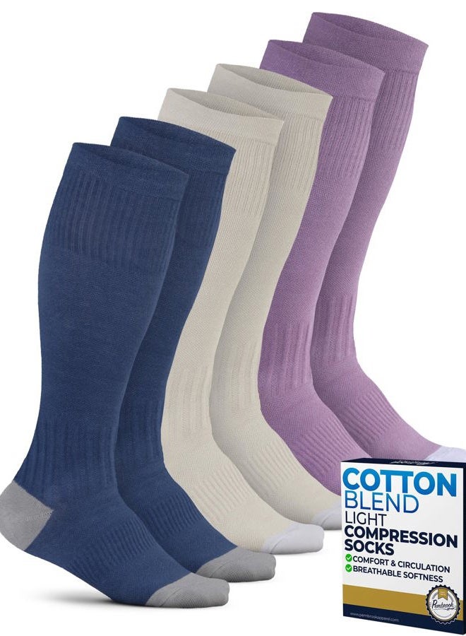 Pembrook Light Compression Socks for Women - 3 Pairs | 8-15 mmHg Cotton Compression Socks Women, Knee High Comfort & Support, Cream/Blue/Rose - 3 Pairs, M - Image 1