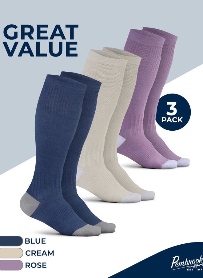 Pembrook Light Compression Socks for Women - 3 Pairs | 8-15 mmHg Cotton Compression Socks Women, Knee High Comfort & Support, Cream/Blue/Rose - 3 Pairs, M - Image 5