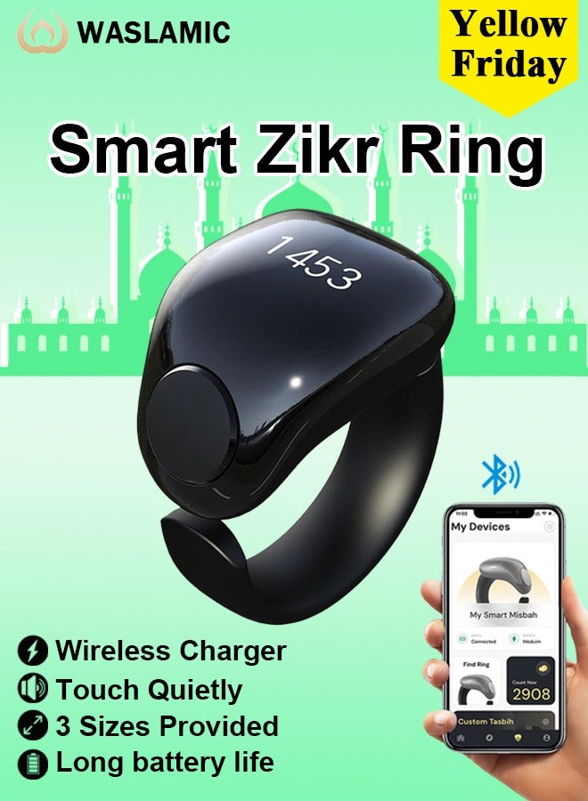 ويسلاميك Tasbih Zikr Smart Ring ، عداد قابل للتعديل ، الحجم (18 و 20 مم) ، يدعم التطبيق حلقة تذكير صلاة العداد الرقمية ، حلقة zikr المقاومة للماء ، للمسلمين (أسود) - Image 1