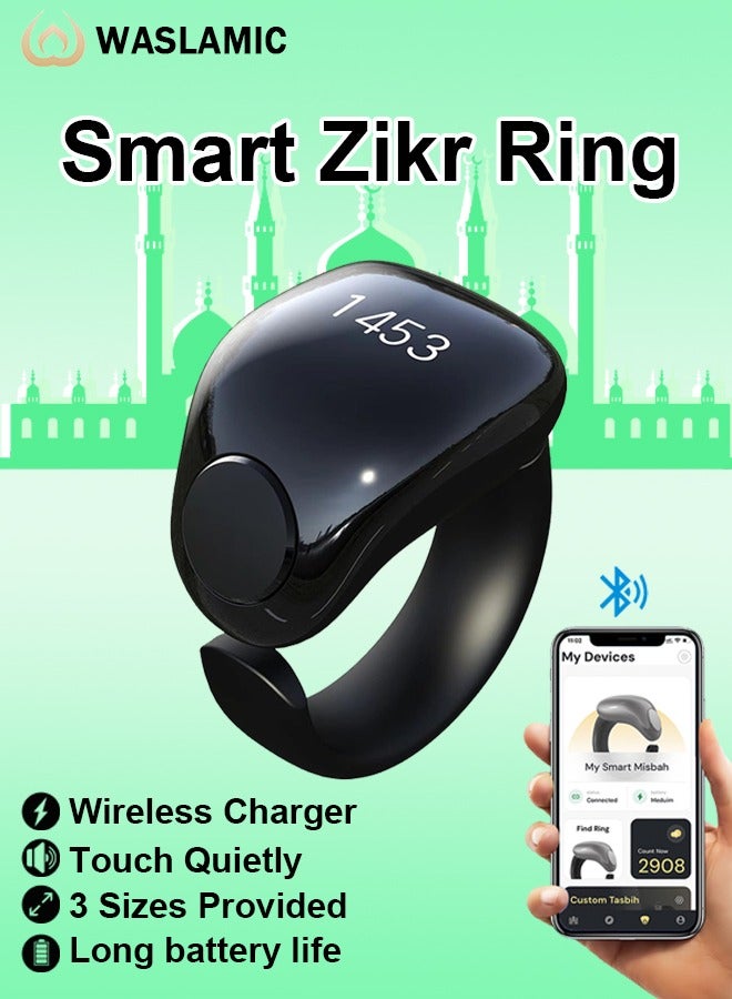 WESLAMIC Tasbih Zikr Smart Ring, Adjustable Counter, Size (18 and 20mm), APP Support Digital Counter Prayer Reminder Ring, Waterproof Counter Zikr Ring, For Muslims (Black) - Image 1
