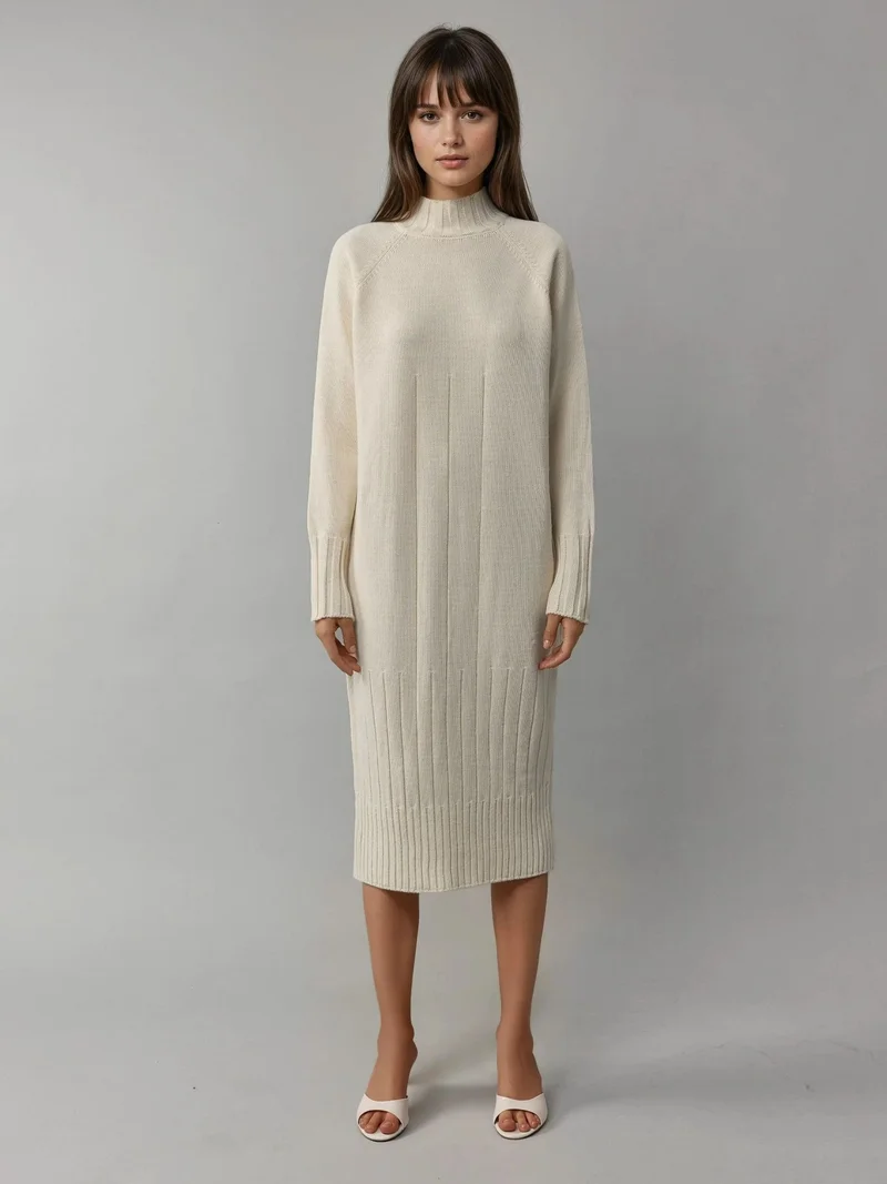 MY FASHION Cream Natural MY FASHION Half Turtleneck Midi Knitwear Dress for Women | Best Price UAE