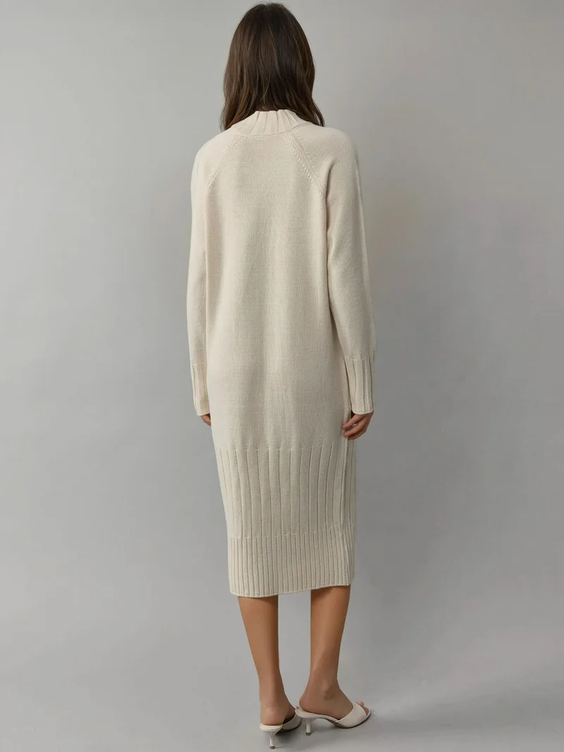 MY FASHION Cream Natural MY FASHION Half Turtleneck Midi Knitwear Dress for Women | Best Price UAE