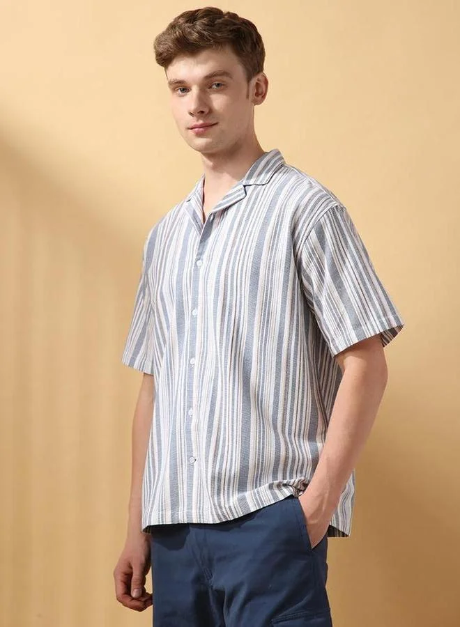 Dennis Lingo Men Blue Striped Resort Collar Shirt