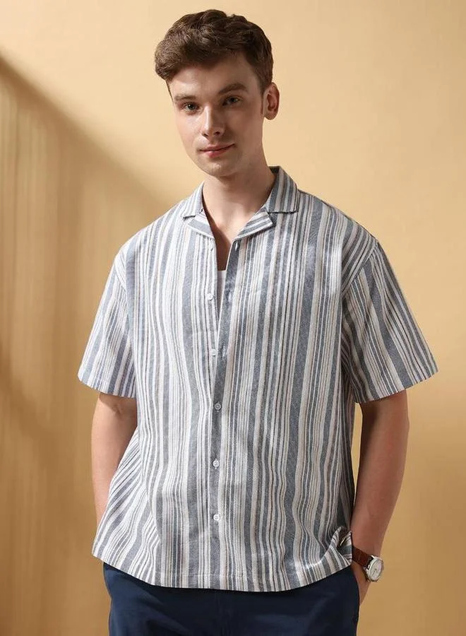 Dennis Lingo Men Blue Striped Resort Collar Shirt