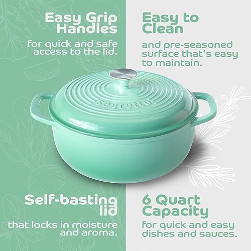 Segretto Cookware Enameled Cast Iron Dutch Oven, 6 Quarts, Light Green - Image 3