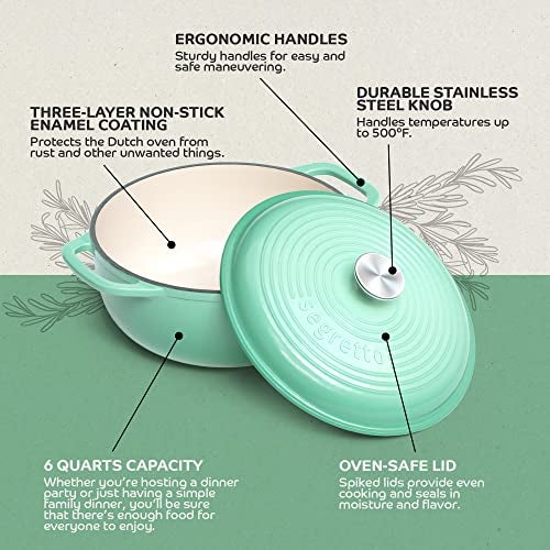 Segretto Cookware Enameled Cast Iron Dutch Oven, 6 Quarts, Light Green - Image 4