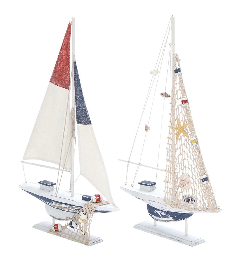 Deco 79 Wood Sail Boat Handmade Decorative Sculpture Home Decor Statues, set of 2 Accent Figurines 13" x 2" x 22", White - Image 1