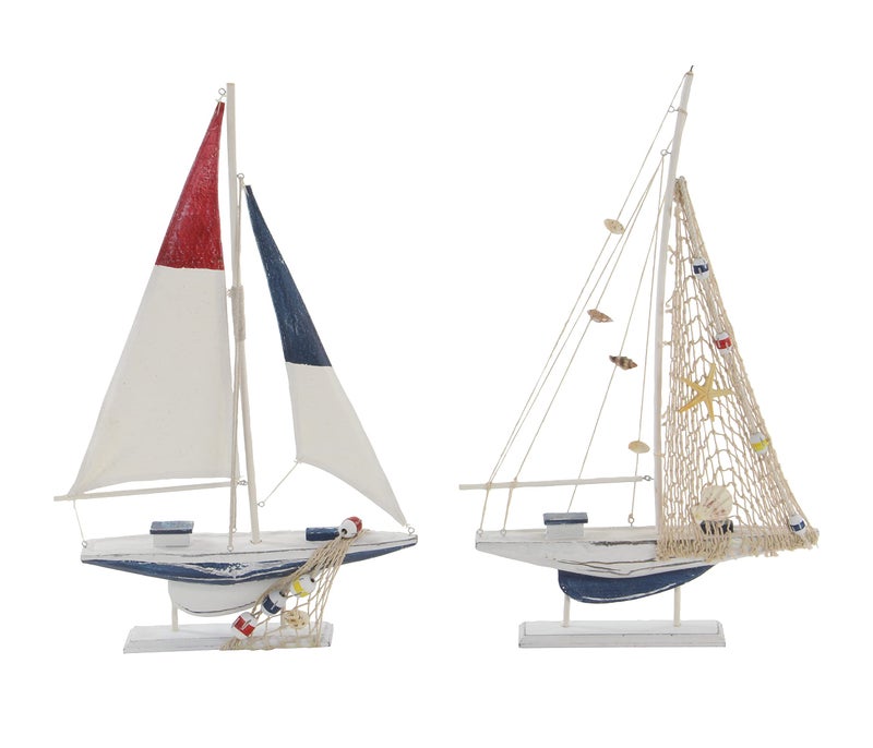 Deco 79 Wood Sail Boat Handmade Decorative Sculpture Home Decor Statues, set of 2 Accent Figurines 13" x 2" x 22", White - Image 3