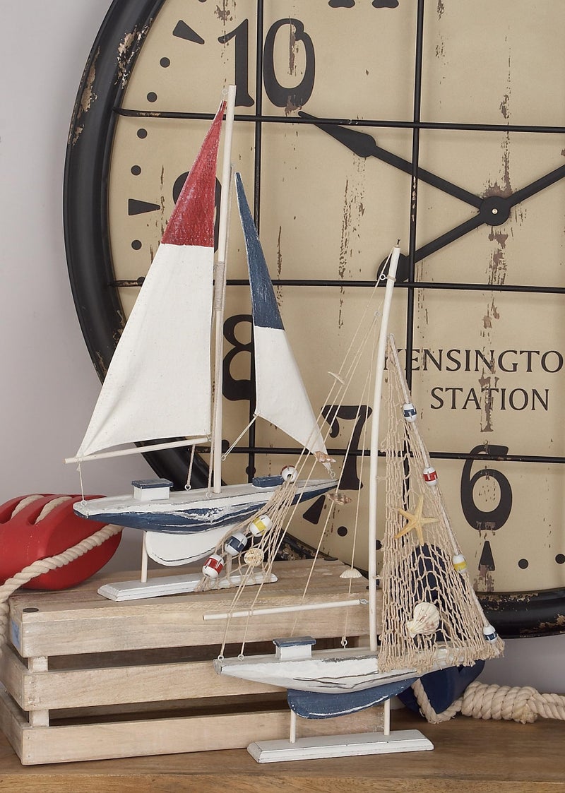 Deco 79 Wood Sail Boat Handmade Decorative Sculpture Home Decor Statues, set of 2 Accent Figurines 13" x 2" x 22", White - Image 5