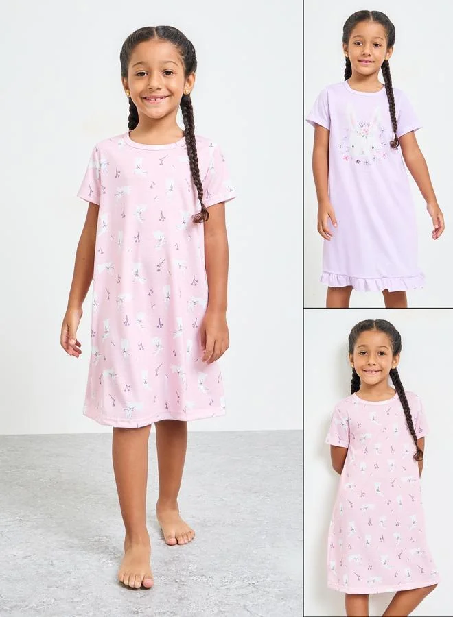 Styli Pack of 2 - Girls Printed Short Sleeve Nightdress