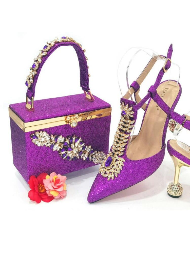 Fine Heeled Pointed Rhinestone High-Heeled Sandals 9cm+Square Rhinestone Handbag  - Image 1
