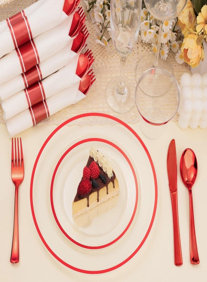 BESTSTAR 175PCS Clear and Red Disposable Plates Set for 25 Guests, 50 Plastic Plates, 25 Cups, 25 Pre-Rolled Napkins with Plastic Cutlery for Party, Birthday, Thanksgiving, Halloween, Christmas - Image 2