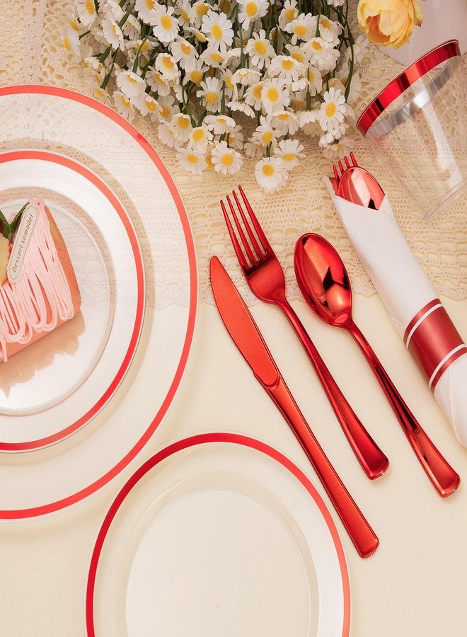 BESTSTAR 175PCS Clear and Red Disposable Plates Set for 25 Guests, 50 Plastic Plates, 25 Cups, 25 Pre-Rolled Napkins with Plastic Cutlery for Party, Birthday, Thanksgiving, Halloween, Christmas - Image 3