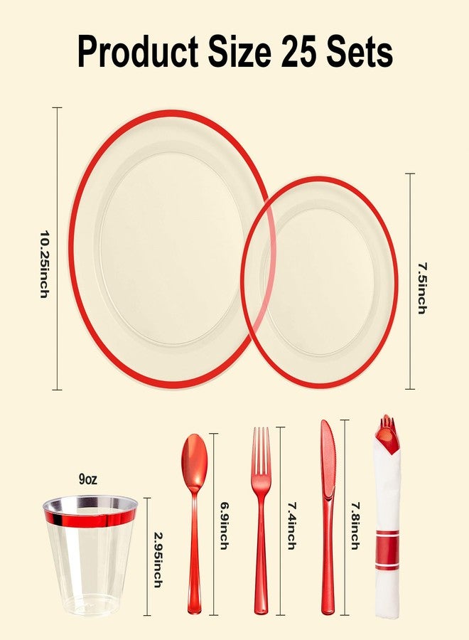 BESTSTAR 175PCS Clear and Red Disposable Plates Set for 25 Guests, 50 Plastic Plates, 25 Cups, 25 Pre-Rolled Napkins with Plastic Cutlery for Party, Birthday, Thanksgiving, Halloween, Christmas - Image 5