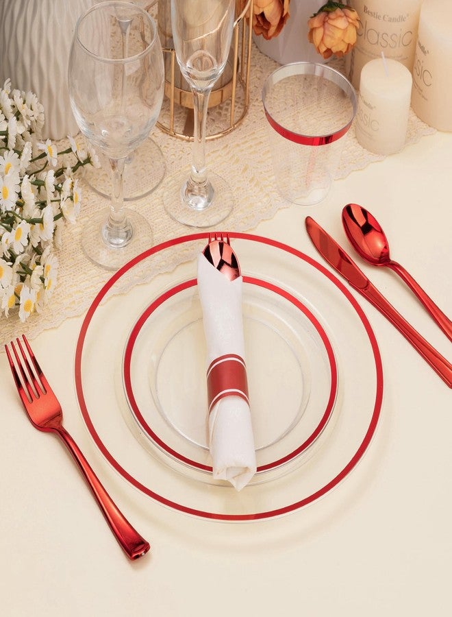 BESTSTAR 175PCS Clear and Red Disposable Plates Set for 25 Guests, 50 Plastic Plates, 25 Cups, 25 Pre-Rolled Napkins with Plastic Cutlery for Party, Birthday, Thanksgiving, Halloween, Christmas - Image 4