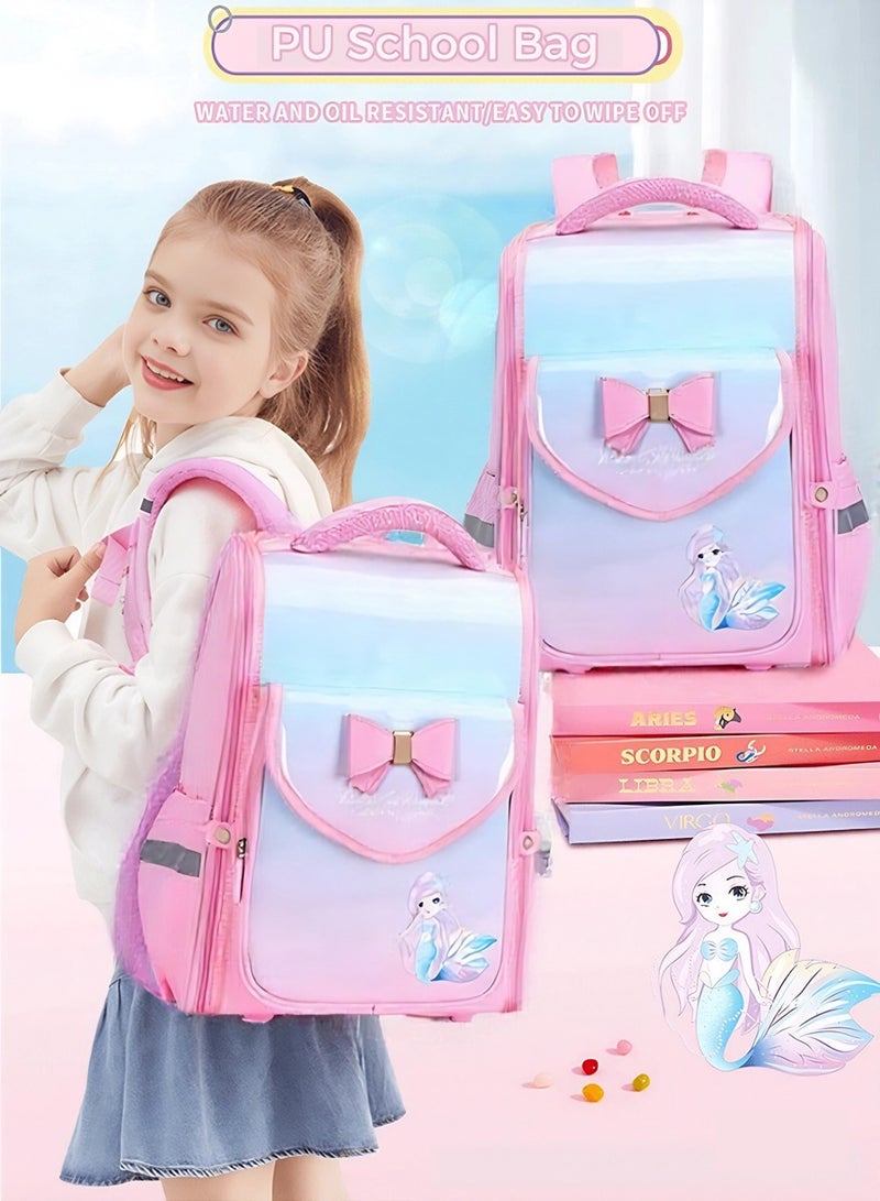 High Quality PU Backpack for Kids,Ergonomic School Bag,Waterproof,Antifouling,Spine Protection Design,Perfect Gift for Back to School Season(Pink Blue)  - Image 1
