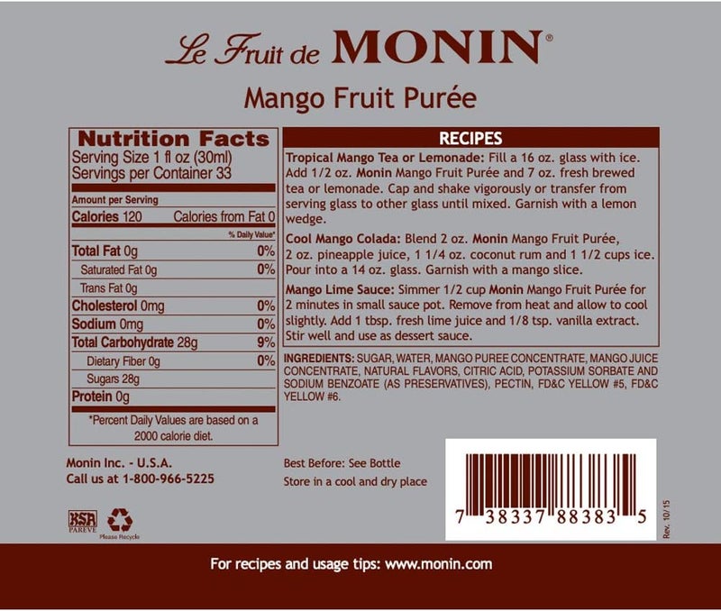 Monin Mango Purée - Tropical and Sweet Mango Flavor, 1 Liter, Non-GMO, Vegan, Gluten-Free - Image 2