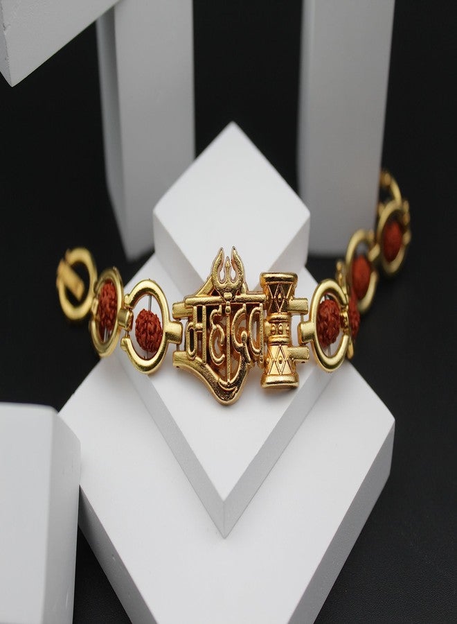 Dharmsaar Ltd Rudraksha Golden Bracelet Mahadev Damru Bracelet,Natural Gold Plated Kada For Men And Women Mahakal Shiv Trishul Damru Beads Chain - Image 2