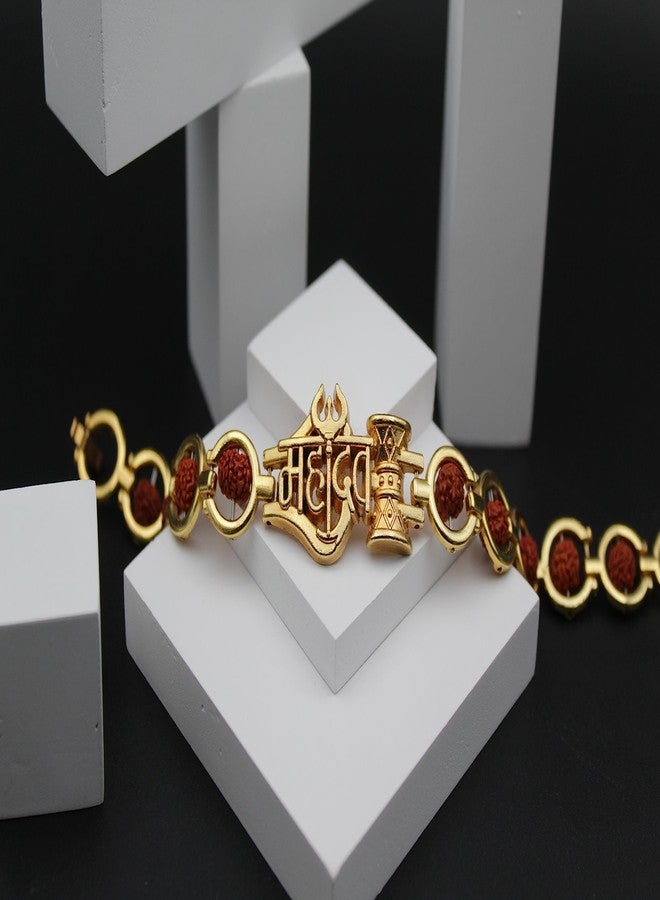 Dharmsaar Ltd Rudraksha Golden Bracelet Mahadev Damru Bracelet,Natural Gold Plated Kada For Men And Women Mahakal Shiv Trishul Damru Beads Chain - Image 4