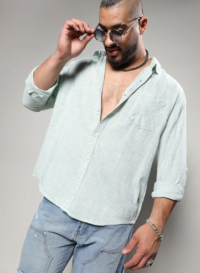 Instafab Plus Men's White & Green Horizontal Chalk Striped Shirt For Casual Wear | Spread Collar | Long Sleeve | Button Closure | Cotton Viscose Shirts Crafted With Comfort Fit For Everyday Wear