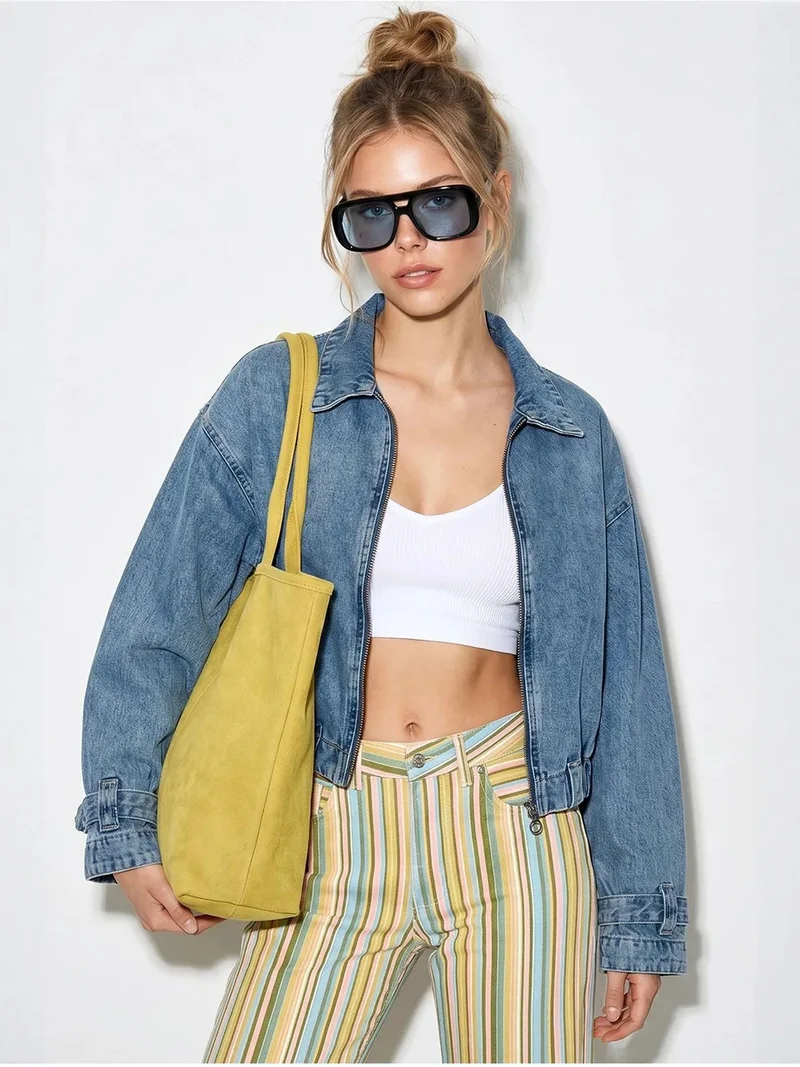 Bianco Lucci LUCCI Women’s Cropped Oversized Denim Jacket