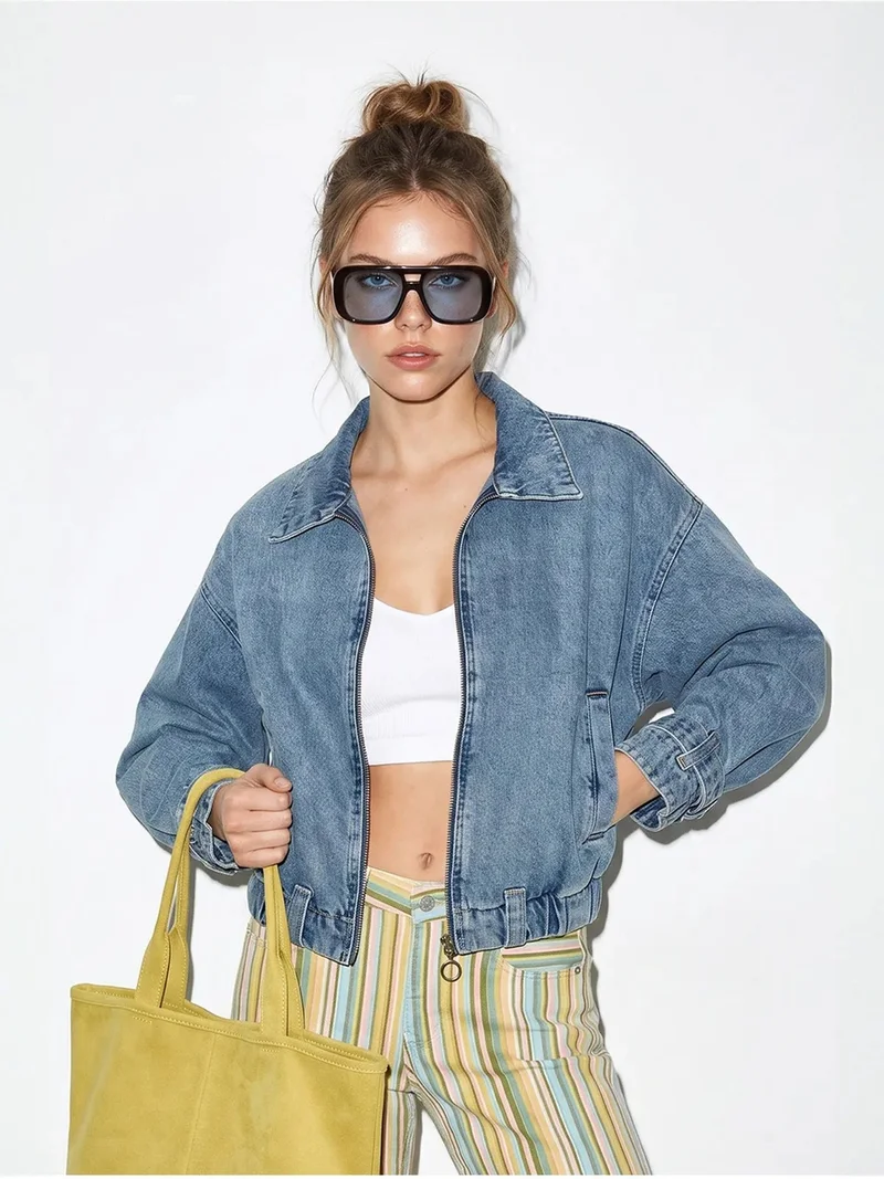 Bianco Lucci LUCCI Women’s Cropped Oversized Denim Jacket