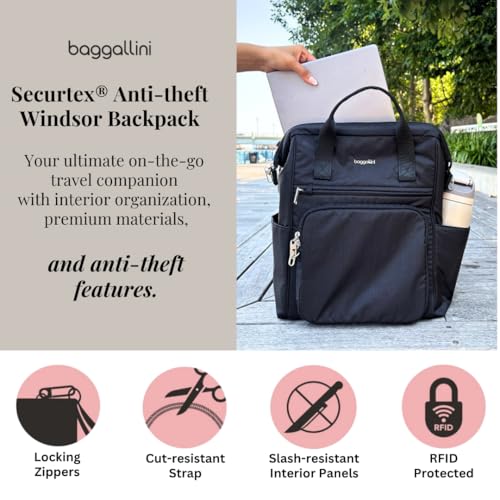 Baggallini حقيبة ظهر ويندسور المضادة للسرقة من باجاليني للسفر والعمل والجامعة، مزودة برمز RFID وسحاب قفل، تدعم حتى 16 بوصة لابتوب - Image 2