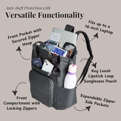 Baggallini حقيبة ظهر ويندسور المضادة للسرقة من باجاليني للسفر والعمل والجامعة، مزودة برمز RFID وسحاب قفل، تدعم حتى 16 بوصة لابتوب - Image 4