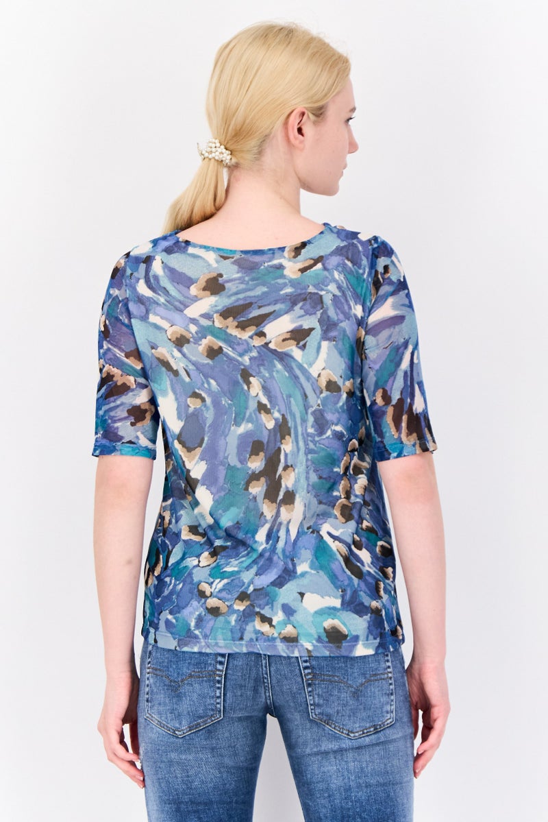 Cyrus Women Cowl Neck Elbow Sleeves Mesh Blouse, Multicolor - Image 2