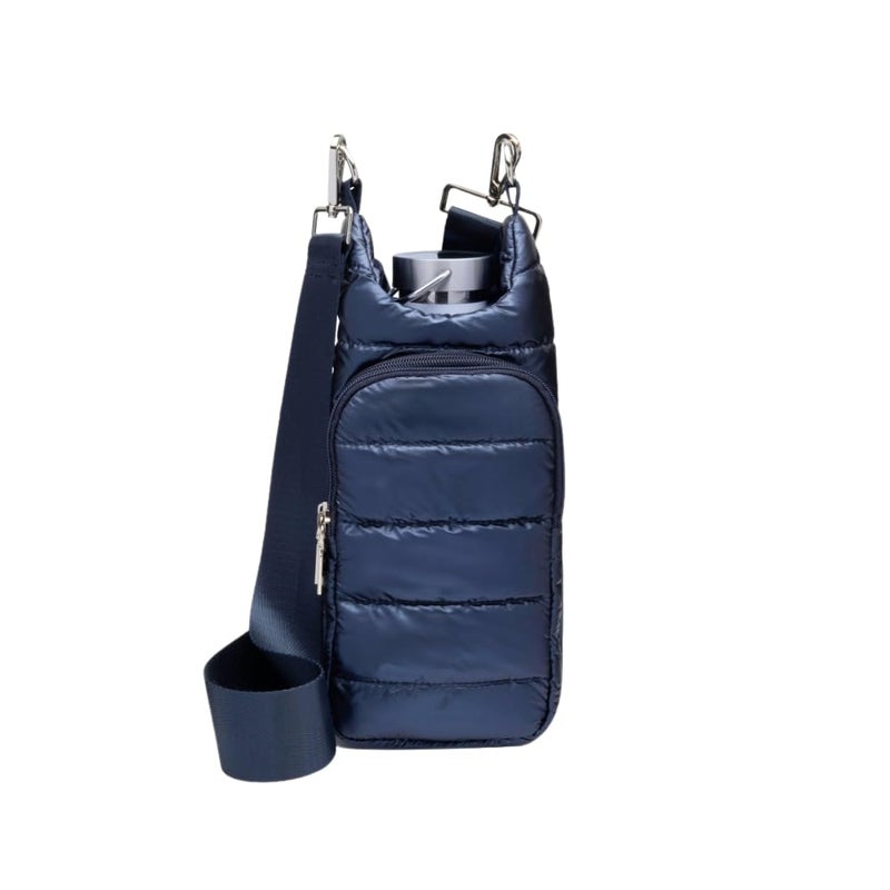 WanderFull Original HydroBag | Quilted Water Bottle Holder Crossbody Bag with Pockets and Strap | Carry 32 oz Water Bottle, Tumbler, Phone, Purse | Shiny Navy, Solid Strap - Image 1