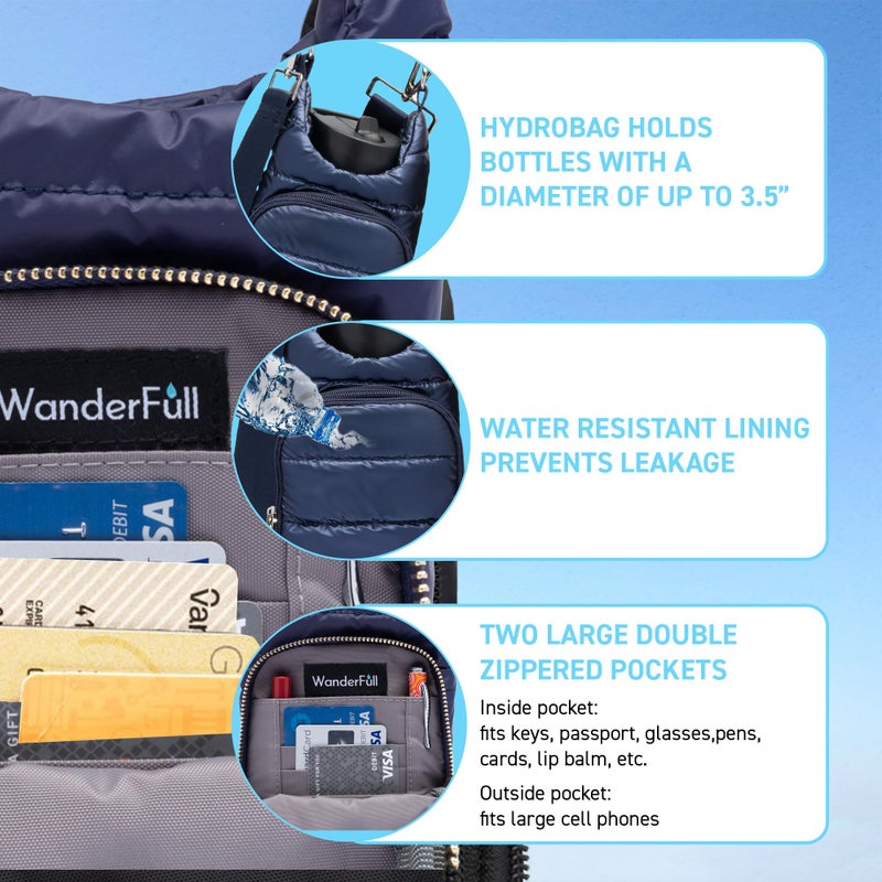 WanderFull Original HydroBag | Quilted Water Bottle Holder Crossbody Bag with Pockets and Strap | Carry 32 oz Water Bottle, Tumbler, Phone, Purse | Shiny Navy, Solid Strap - Image 5