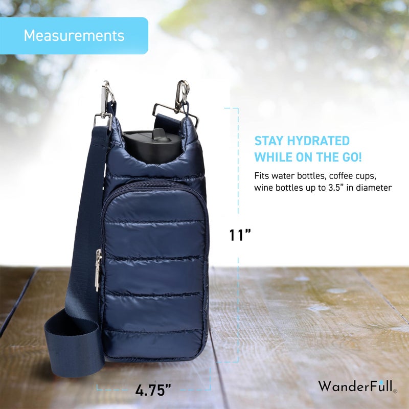 WanderFull Original HydroBag | Quilted Water Bottle Holder Crossbody Bag with Pockets and Strap | Carry 32 oz Water Bottle, Tumbler, Phone, Purse | Shiny Navy, Solid Strap - Image 4