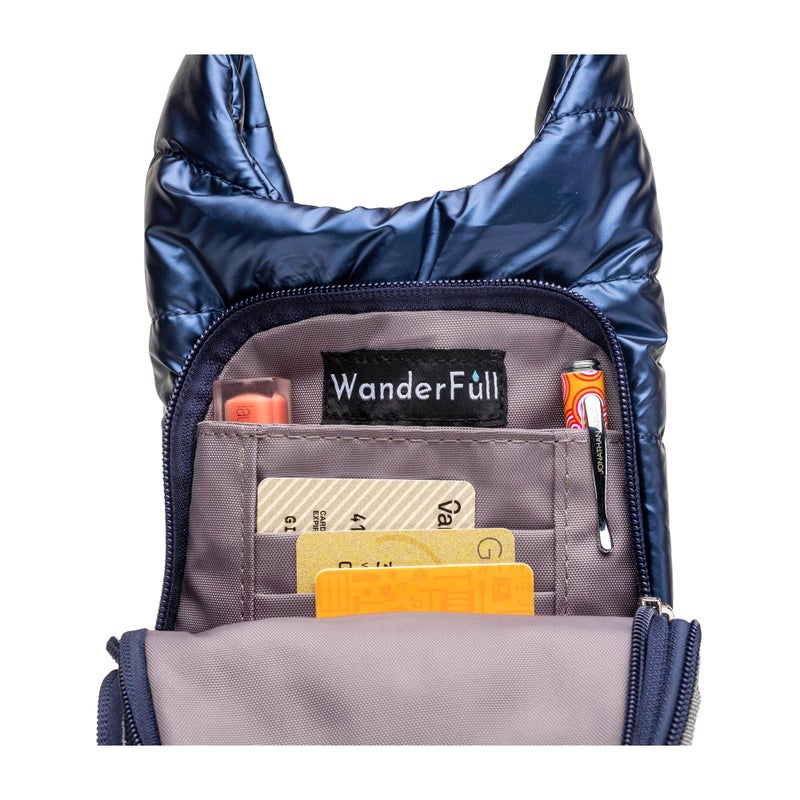 WanderFull Original HydroBag | Quilted Water Bottle Holder Crossbody Bag with Pockets and Strap | Carry 32 oz Water Bottle, Tumbler, Phone, Purse | Shiny Navy, Solid Strap - Image 2