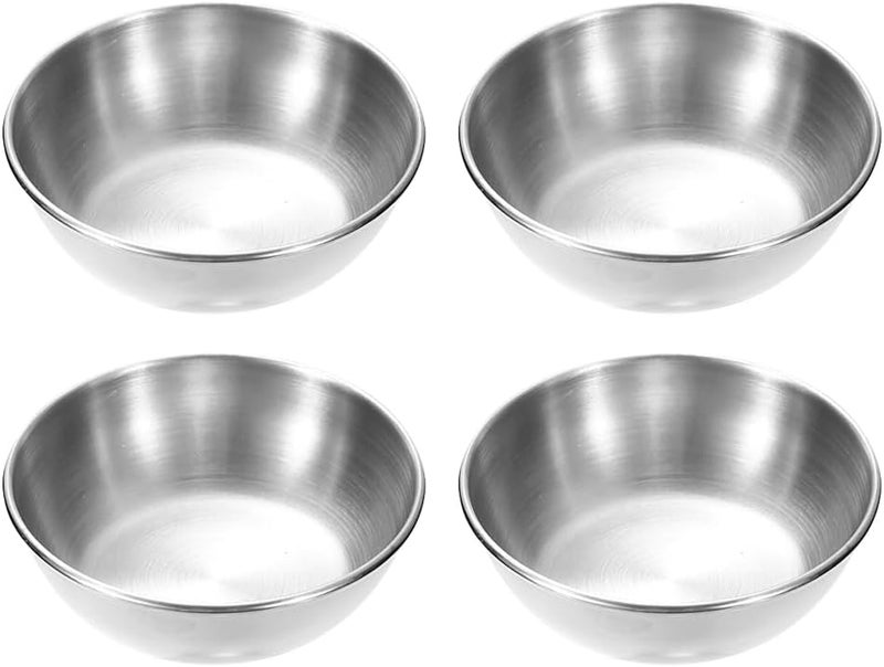 ccHuDE 4 Pcs Stainless Steel Round Sauce Dishes Sushi Dipping Sauce Bowls Mini Seasoning Dishes Small Individual Saucers Kitchen Appetizer Plates for Salad Dressing Silver - Image 1