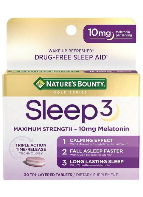 Nature's Bounty Melatonin, Sleep3 Maximum Strength 100% Drug Free Sleep Aid, Dietary Supplement, L-Theanine & Nighttime Herbal Blend Time Release Technology, 10mg, 30 Tri-Layered Tablets