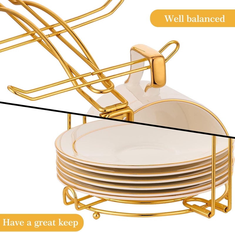 CHILDIKE Teacups and Saucers Display Stand, Tea Cup Holder, Metal Foldable Storage Rack for Espresso and Cappuccino Cup - Gold - Image 3