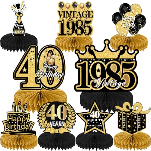 Refavor 9Pcs 40th Birthday Party Decorations - 40th Birthday Decorations for Men Women Black Gold Party Supplies Decorations Table Honeycomb Centerpieces Over the Hill Aged to Perfection Decor - Image 1