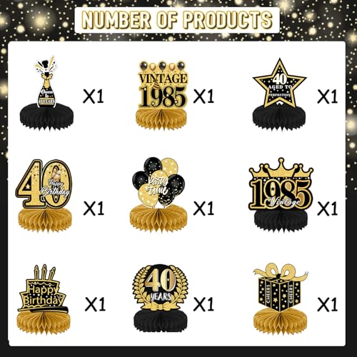 Refavor 9Pcs 40th Birthday Party Decorations - 40th Birthday Decorations for Men Women Black Gold Party Supplies Decorations Table Honeycomb Centerpieces Over the Hill Aged to Perfection Decor - Image 2