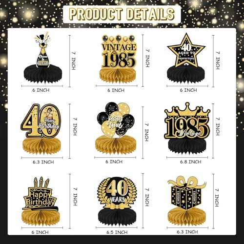 Refavor 9Pcs 40th Birthday Party Decorations - 40th Birthday Decorations for Men Women Black Gold Party Supplies Decorations Table Honeycomb Centerpieces Over the Hill Aged to Perfection Decor - Image 3