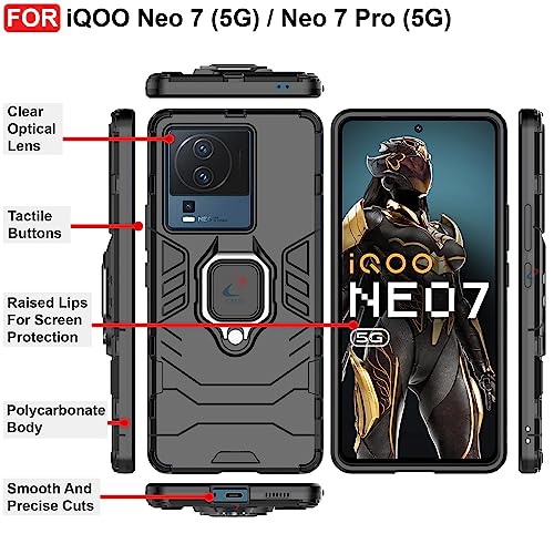 CEDO Kickstand Cover for iQOO Neo 7 (5G) Rugged Case | Built-in Stand Rotating Ring Holder | Military Grade Armor Bumper Back Cover (Black) - Image 3
