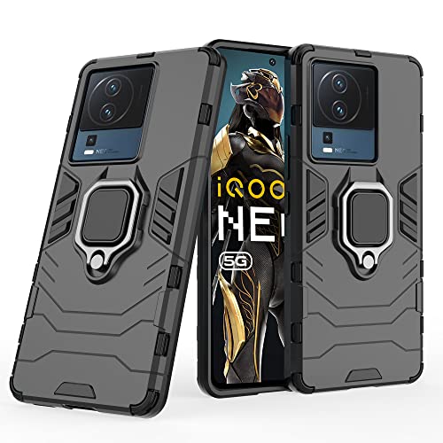 CEDO Kickstand Cover for iQOO Neo 7 (5G) Rugged Case | Built-in Stand Rotating Ring Holder | Military Grade Armor Bumper Back Cover (Black) - Image 1