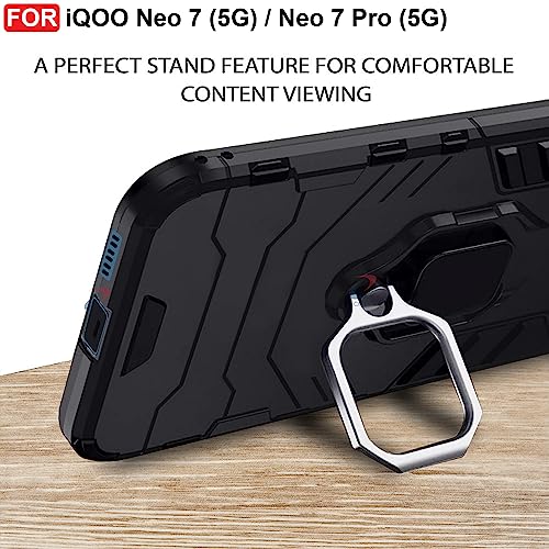 CEDO Kickstand Cover for iQOO Neo 7 (5G) Rugged Case | Built-in Stand Rotating Ring Holder | Military Grade Armor Bumper Back Cover (Black) - Image 5