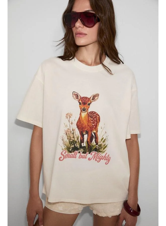 Ethiquet ORISTANO Women's %100 Organic Cotton Thick-Textured Oversize Fit Printed Ecru T-Shirt.