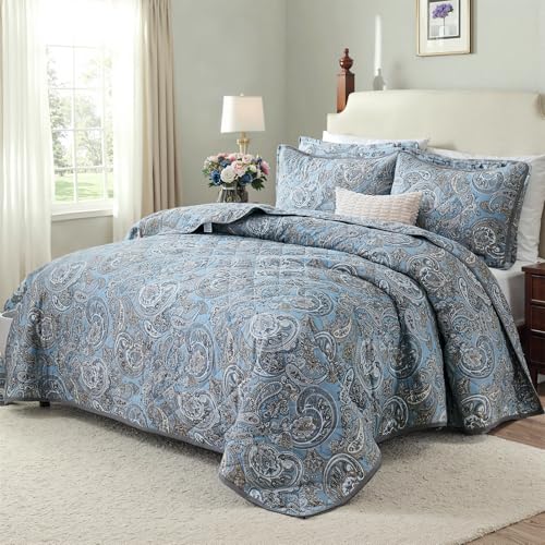 Cozaline 100% Cotton Quilt Sets Queen Size, Vintage Blue Paisley Bedspread, 3 Pieces Boho Style Floral Coverlet Set Lightweight and Breathable Bedding for All Seasons - Image 2