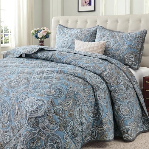 Cozaline 100% Cotton Quilt Sets Queen Size, Vintage Blue Paisley Bedspread, 3 Pieces Boho Style Floral Coverlet Set Lightweight and Breathable Bedding for All Seasons - Image 3